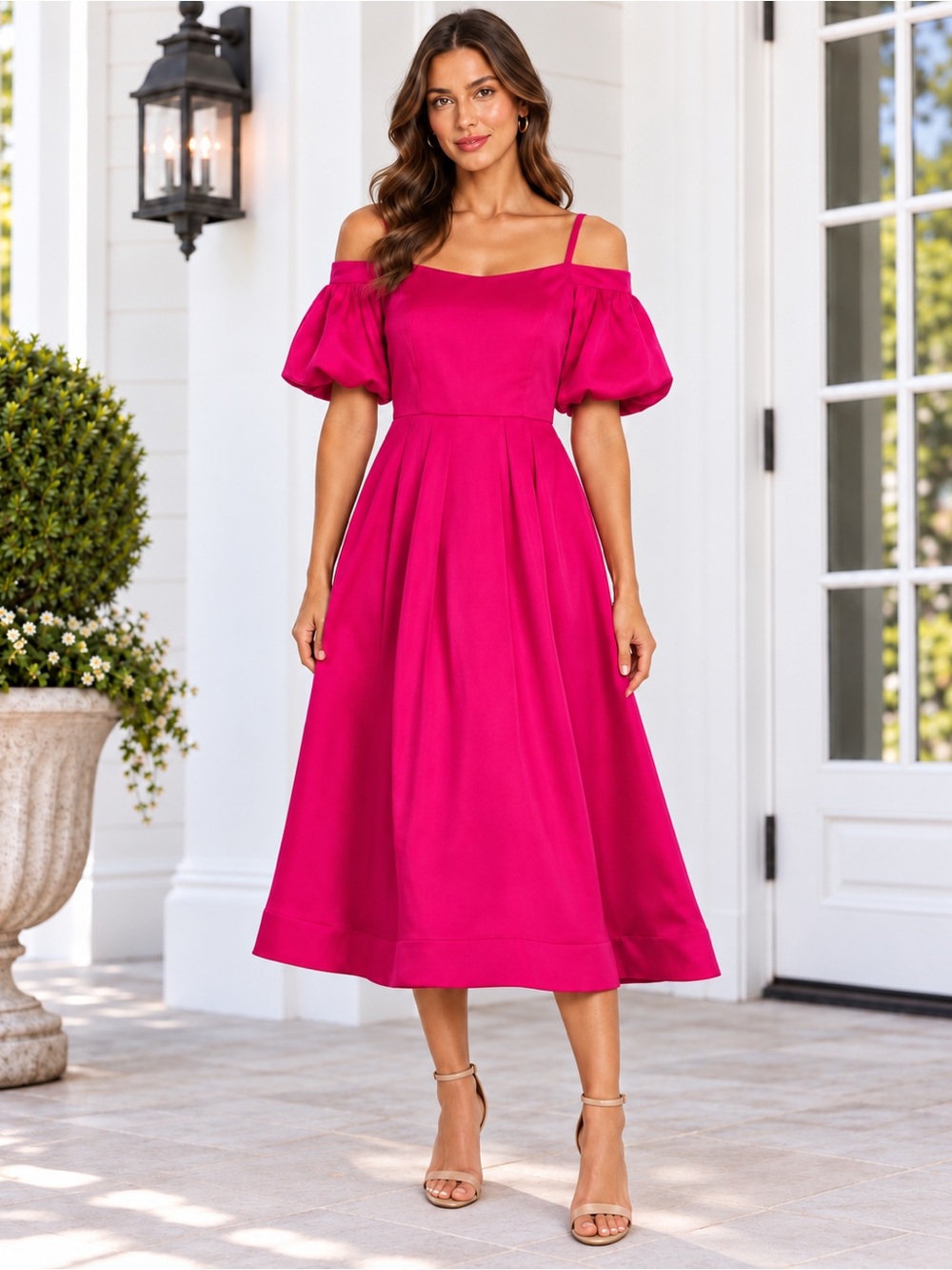 Marina Off Shoulder Puff Sleeve Fit & Flare Midi Dress Size L